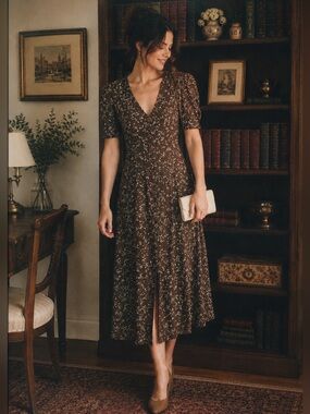 Vintage Brown Floral Midi Dress